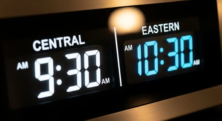 A digital clock showing the one-hour difference between Central and Eastern time zones.