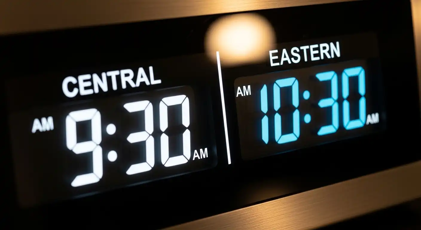 A digital clock showing the one-hour difference between Central and Eastern time zones.