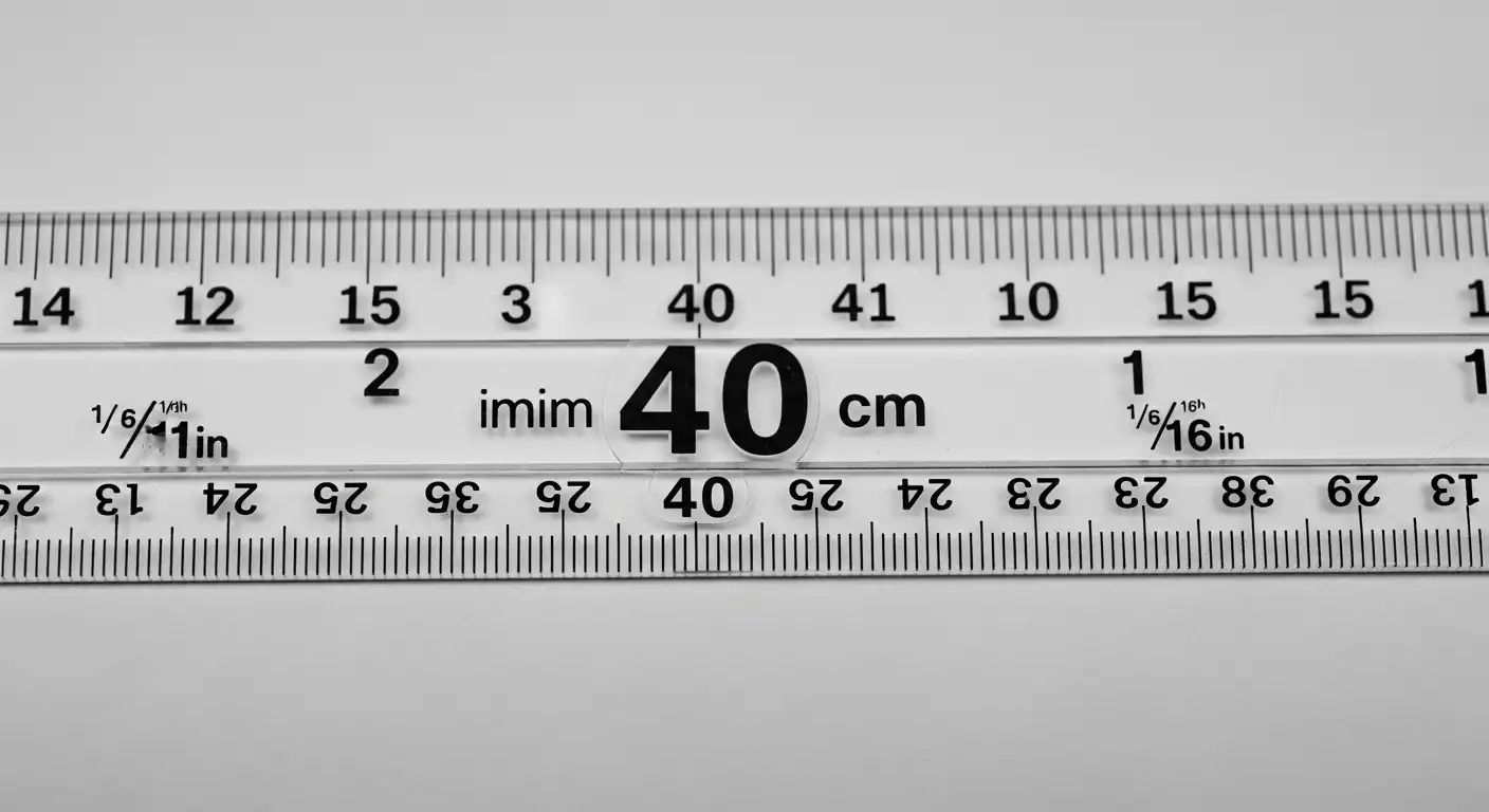 A close-up of a ruler showing the 40-centimeter mark aligned with inches.