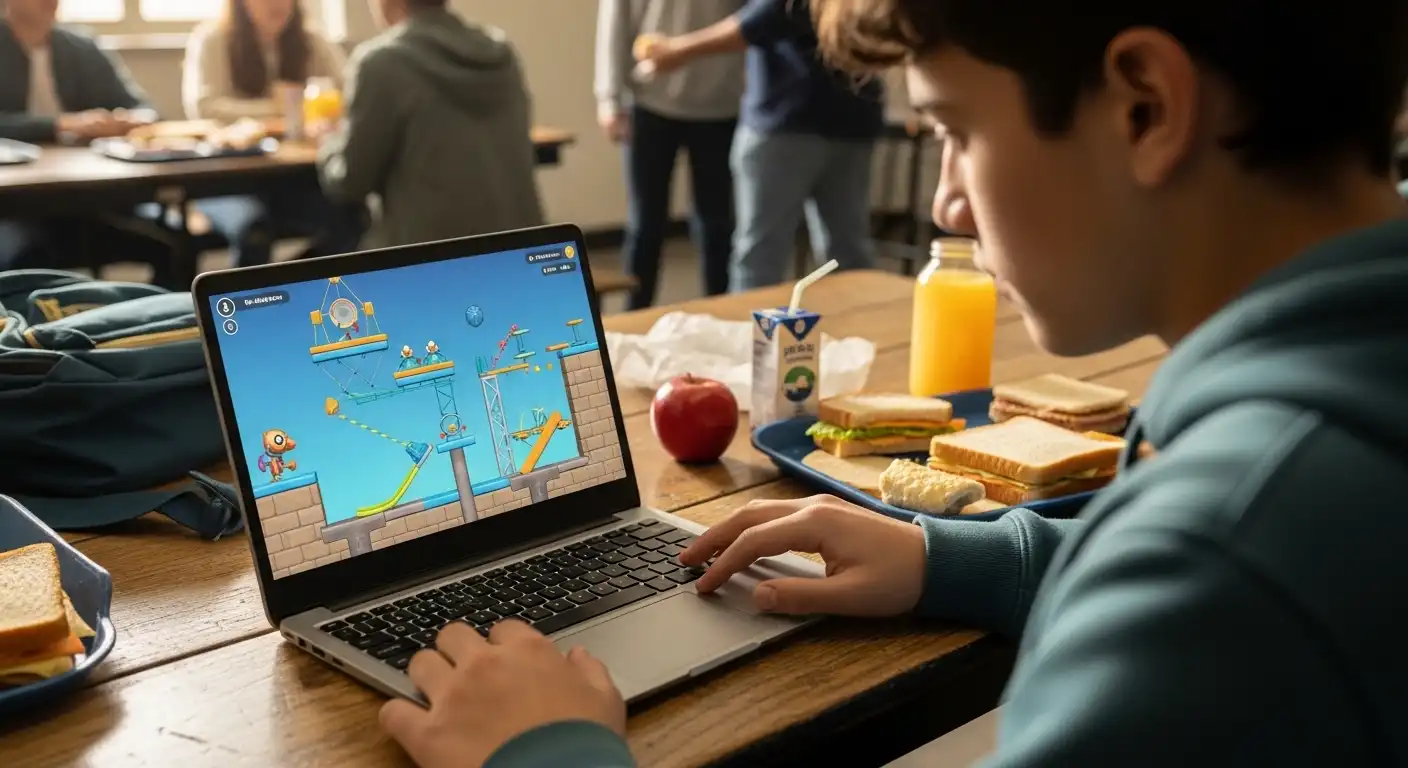 A student playing a physics-based puzzle game on a Chromebook during a lunch break.