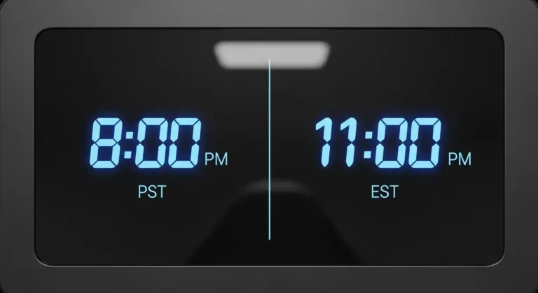 Digital clock showing 8 PM PST and 11 PM EST side by side.