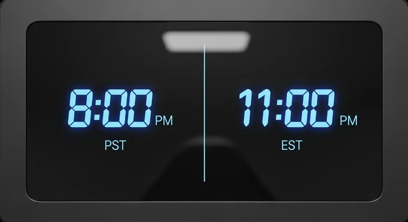 Digital clock showing 8 PM PST and 11 PM EST side by side.