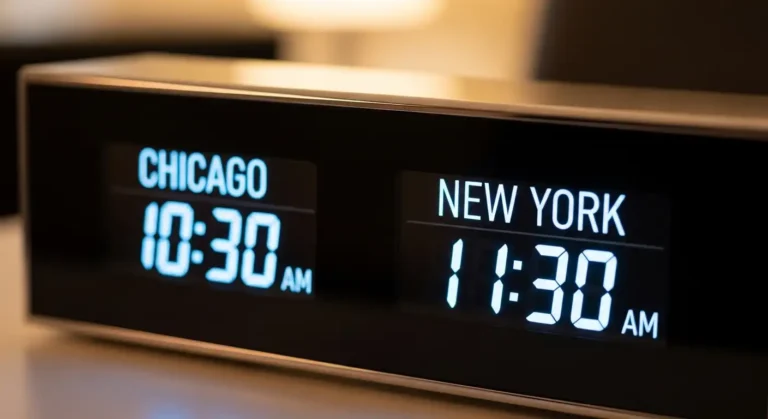 Digital clock showing the one-hour difference between Chicago and New York.