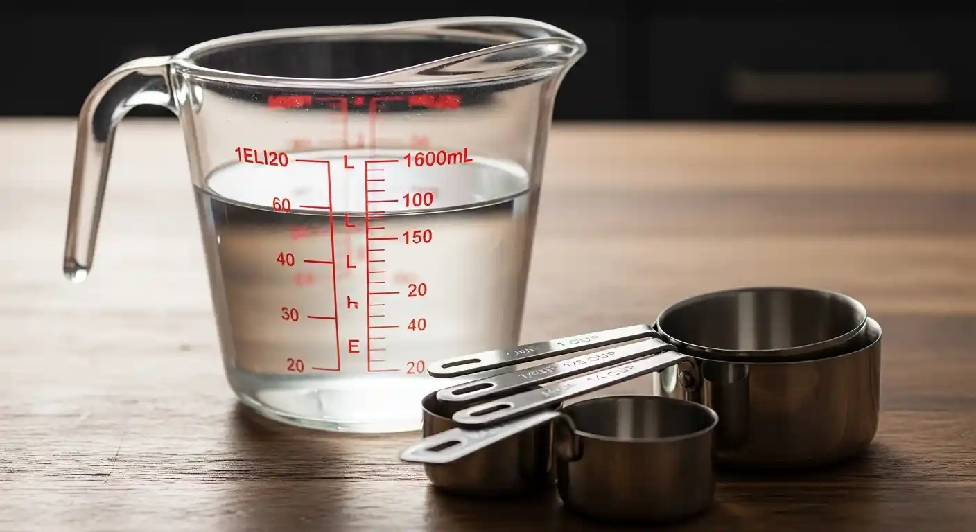A clear glass measuring jug showing liters and milliliters next to a set of stainless steel measuring cups.