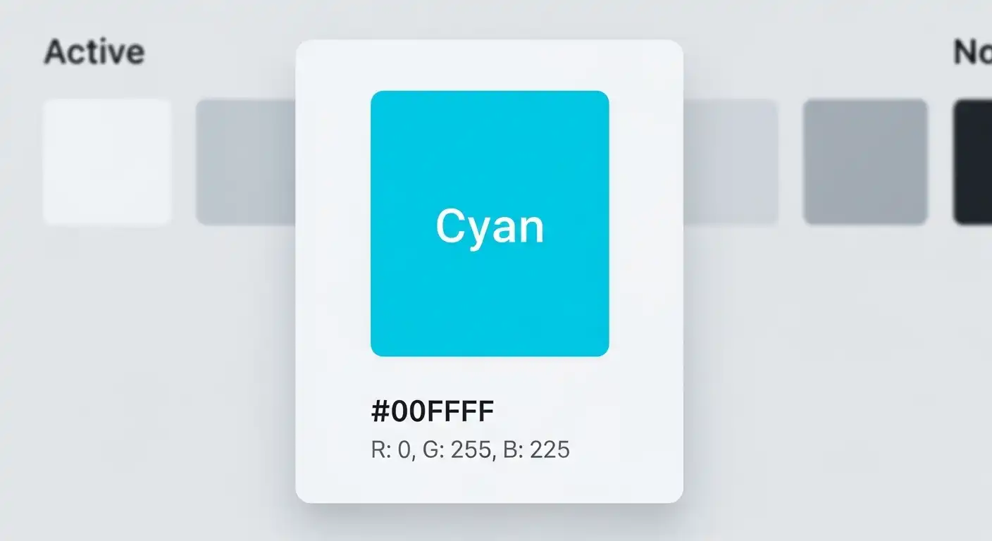cyanová color swatch showing hex code and RGB values on a design palette