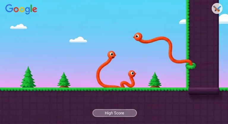 A vibrant screenshot of the Google Snake game interface with a high score.
