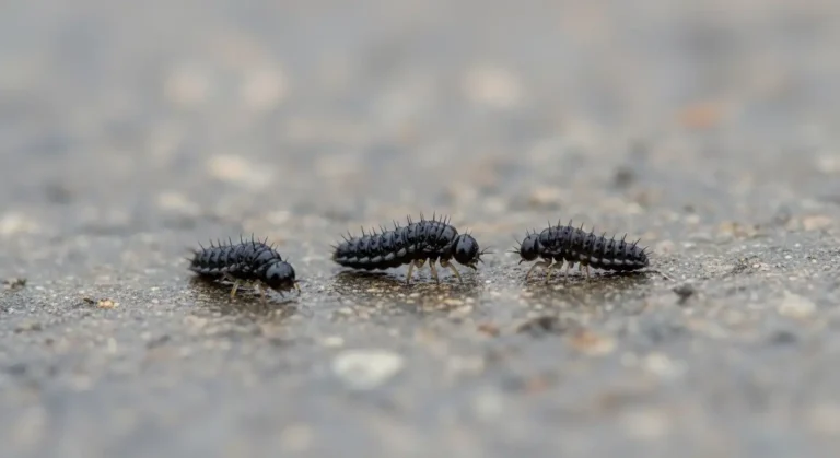 Close-up of tiny black drain fly larvae on a wet surface.