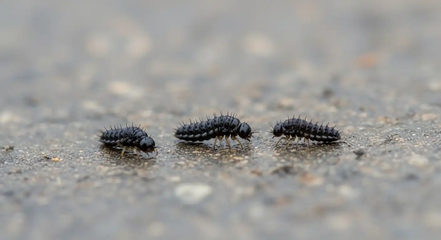 Close-up of tiny black drain fly larvae on a wet surface.