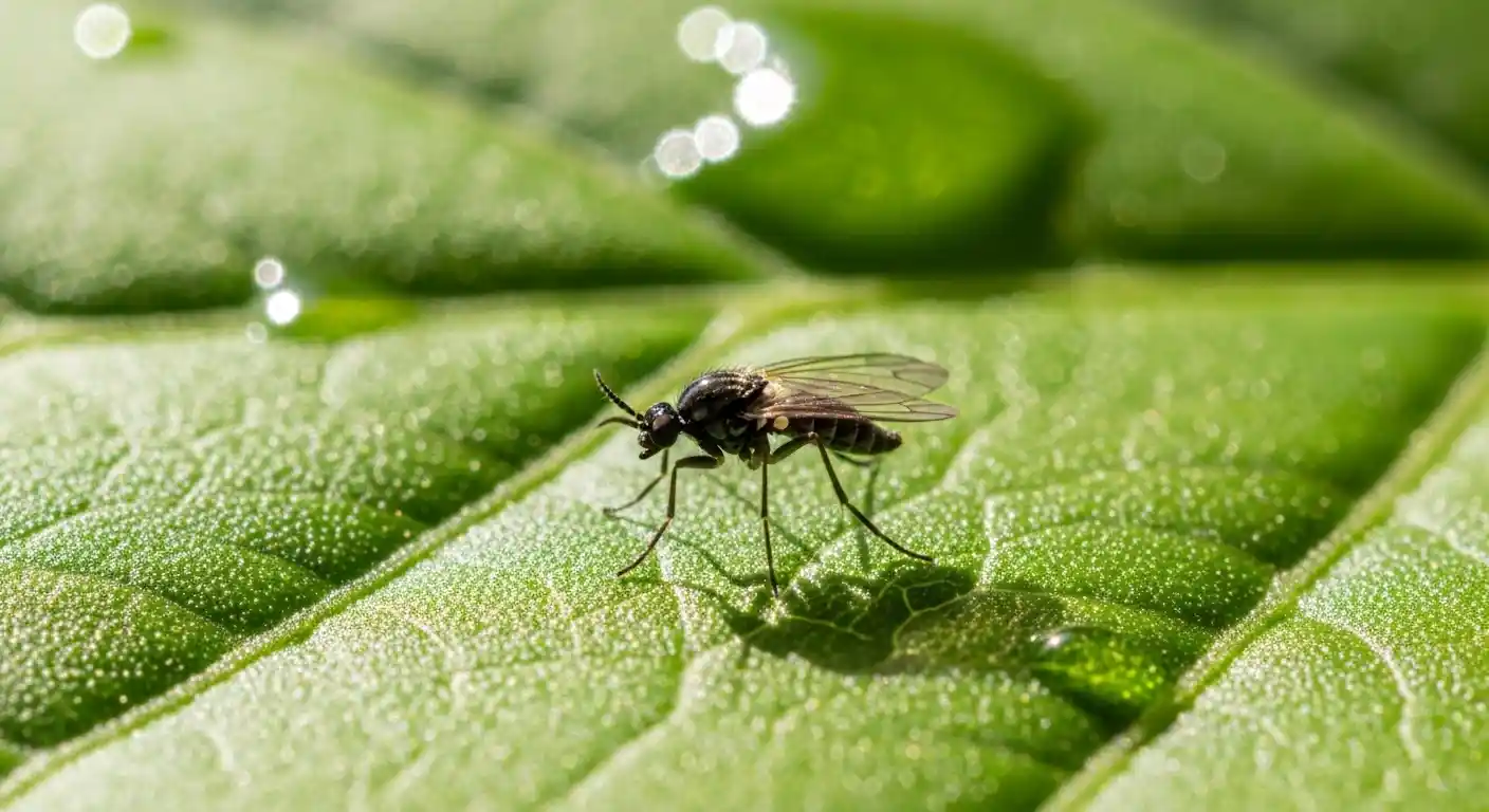 Close-up of a fungal gnat on a houseplant leaf