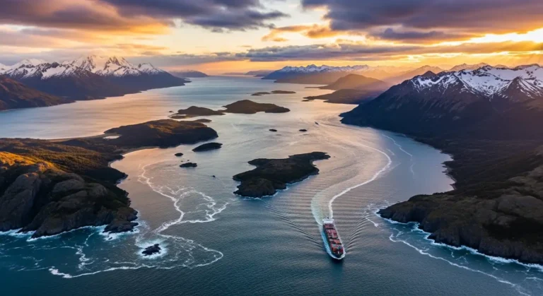 Aerial view of the Strait of Magellan connecting Atlantic and Pacific oceans