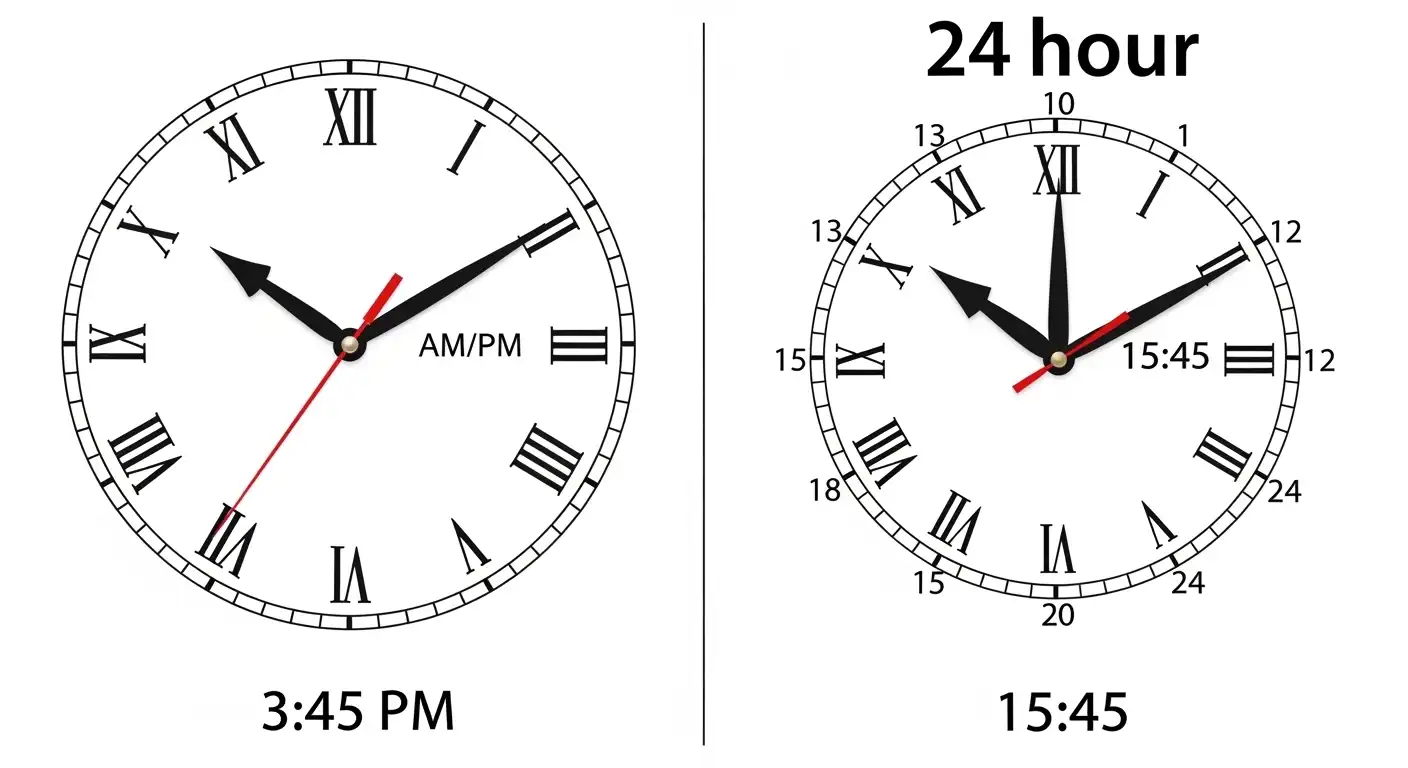 Side-by-side comparison chart of 12-hour and 24-hour clock faces.