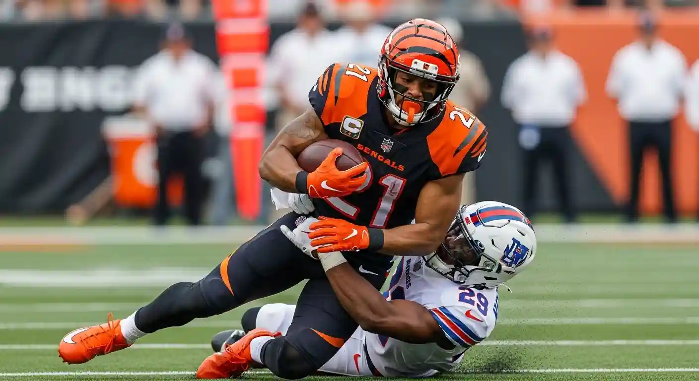 Mike Hilton in Cincinnati Bengals uniform making a tackle