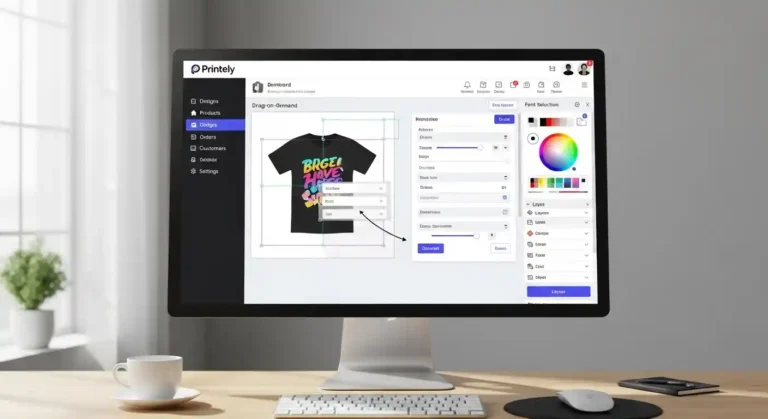 Printely dashboard showing print-on-demand design interface