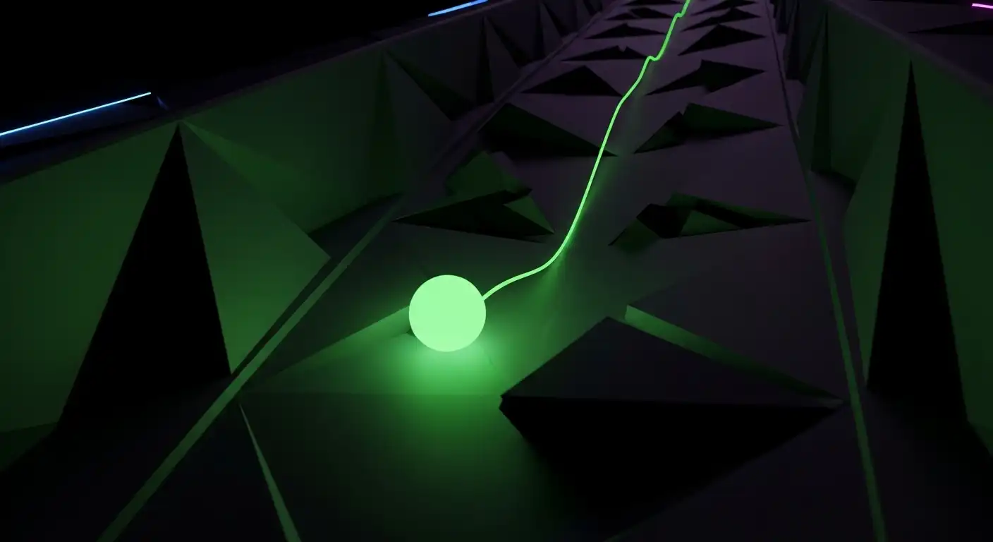 A neon green ball rolling down a dark 3D geometric slope