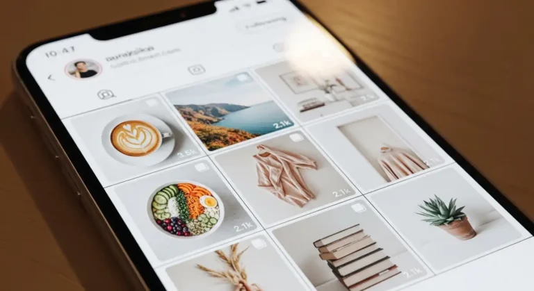 A close-up of a smartphone screen showing a curated social media grid.