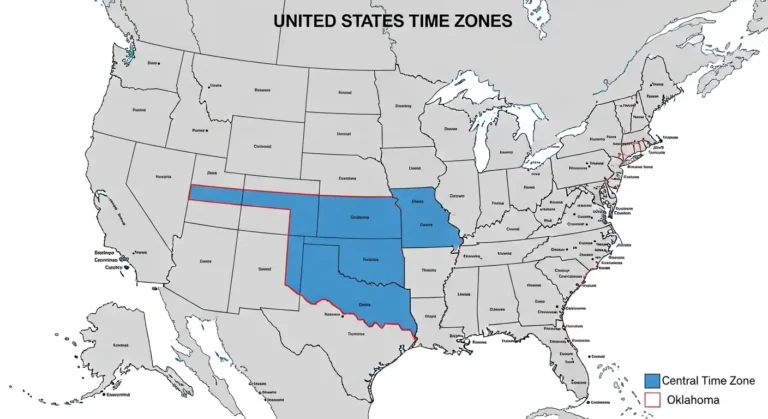 Map of the United States highlighting the Central Time Zone and Oklahoma's borders.
