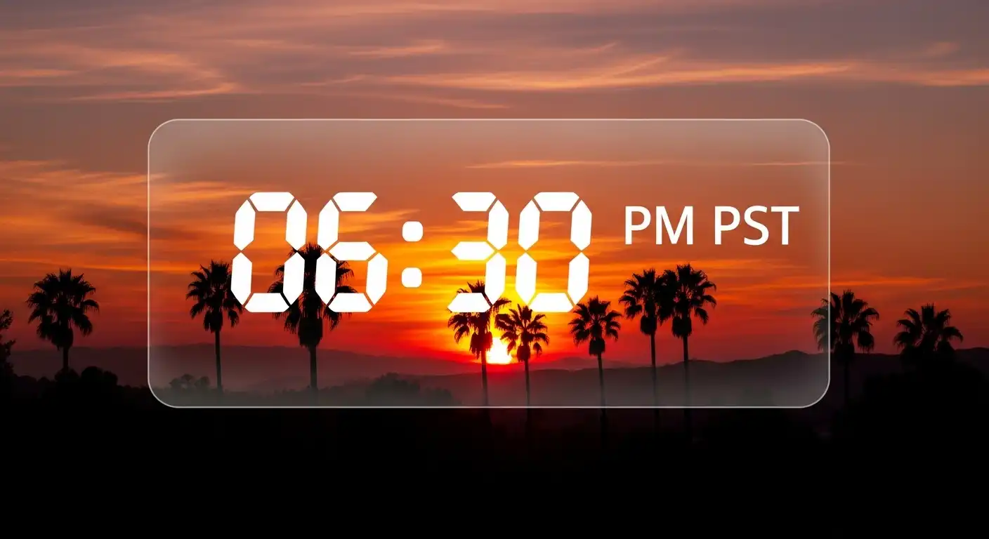 Digital clock showing Pacific Standard Time with a California sunset background.
